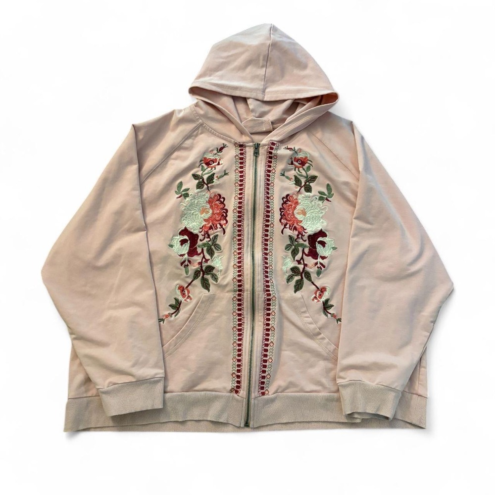 Vintage Time for Me Pink Floral Embroidered Zip Up Hoodie Womens